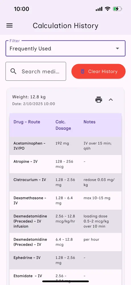 Pediatric Anesthesia Calculator History View